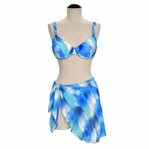 Jessica Simpson 3 Piece Bikini Set Blue Watercolor Bikini and Skirt NWT S/M L